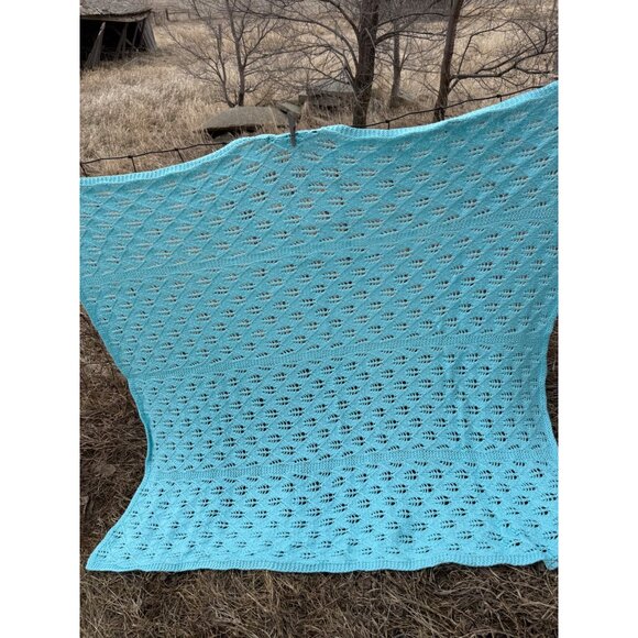 Vintage 70's Light Turquoise Blue Knitted Afghan Throw - Picture 9 of 13